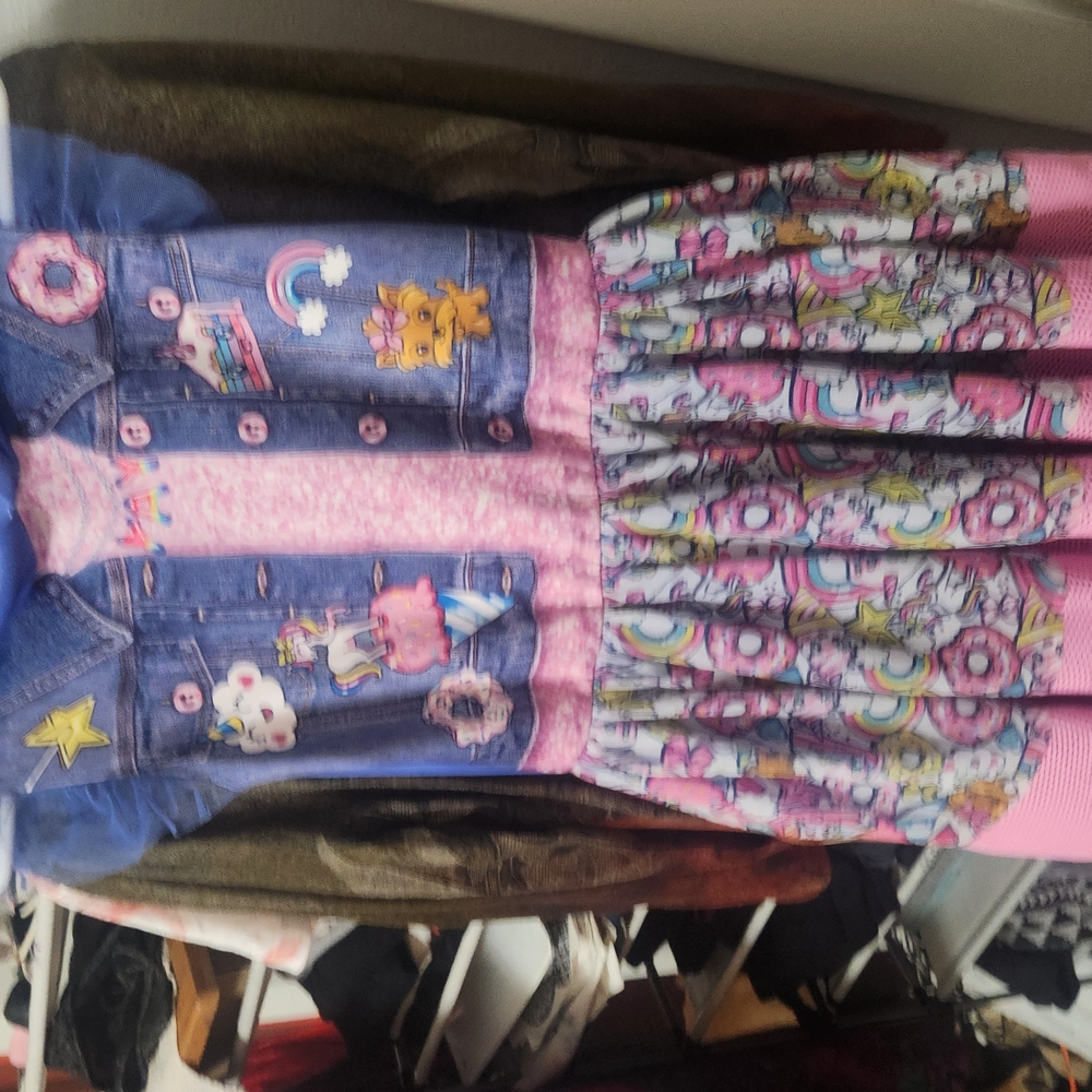 Colorful Cartoon Print Dress with Denim Vest